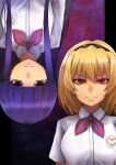  2girls bangs black_headband blonde_hair blunt_bangs closed_mouth collared_shirt commentary expressionless eyebrows_behind_hair eyebrows_visible_through_hair furude_rika hair_between_eyes hair_over_shoulder headband higurashi_no_naku_koro_ni houjou_satoko long_hair looking_at_viewer medium_hair multiple_girls natrium_picture pointy_nose purple_hair red_eyes shirt short_sleeves sidelocks simple_background smile upper_body upside-down v-shaped_eyebrows violet_eyes white_shirt 