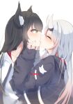  2girls absurdres amato_0321 animal_ears black_hair blush closed_eyes highres hololive horns kiss multiple_girls nakiri_ayame oni oni_horns ookami_mio silver_hair virtual_youtuber wolf_ears yellow_eyes yuri 