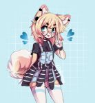  1girl anakoluth animal_ears black_shirt blonde_hair blue_eyes blush closed_mouth dog_ears dog_girl dog_tail eyebrows_visible_through_hair furry furry_female glasses heart highres looking_at_viewer original overalls round_eyewear shirt short_hair smile solo tail thigh-highs tongue tongue_out v white_legwear 