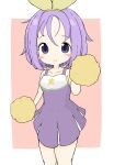  1girl absurdres bangs bare_arms bare_shoulders blush_stickers breasts brown_background cheerleader closed_mouth commentary_request dress eyebrows_visible_through_hair feet_out_of_frame hair_ribbon highres hiiragi_tsukasa looking_at_viewer lucky_star medium_breasts pleated_dress pom_pom_(cheerleading) purple_dress purple_hair ribbon rururu_(pyrk8855) sleeveless sleeveless_dress smile solo standing thighs two-tone_background violet_eyes white_background yellow_ribbon 
