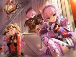  3girls ;) animal_ear_fluff animal_ears apex_legends arm_up bangs baseball_cap beret black_hairband black_headwear blonde_hair bloodhound_(apex_legends) bloodhound_(apex_legends)_(cosplay) blue_hair bodysuit braid breasts brown_gloves brown_jacket cat_ears closed_mouth commentary_request cosplay eyebrows_visible_through_hair fake_horns fang fang_out g7_scout gloves glowing green_eyes gun hair_bun hairband hat highres holding holding_gun holding_weapon hololive horizon_(apex_legends) horizon_(apex_legends)_(cosplay) horned_headwear horns jacket lifeline_(apex_legends) lifeline_(apex_legends)_(cosplay) long_hair loot_tick low_twintails medium_breasts megaphone minato_aqua momosuzu_nene multicolored_hair multiple_girls nekko_(momosuzu_nene) one_eye_closed one_knee one_side_up oozora_subaru overfloater_horizon pink_bodysuit pink_hair red_eyes red_headwear red_jacket robot smile sue_(bg-bros) tokoyami_towa twin_braids twintails two-tone_hair very_long_hair violet_eyes virtual_youtuber vital_signs_lifeline weapon whistle white_bodysuit wise_warrior_bloodhound 