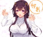  1girl alternate_breast_size black_hairband breasts brown_hair fake_horns fang hairband horns kantai_collection kisaragi_(kancolle) large_breasts long_hair long_sleeves official_alternate_costume open_mouth sidelocks solo sweater upper_body violet_eyes white_sweater yayoi_and_nagi 