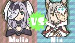  2girls absurdres animal_ears cat_ears cat_girl head_wings highena highres mask mask_on_head melia_antiqua multiple_girls name_tag nia_(xenoblade) splatoon_(series) vs wings xenoblade_chronicles xenoblade_chronicles_(series) xenoblade_chronicles_2 xenoblade_chronicles_3 