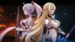  2girls bangs bare_shoulders bianka_durandal_ataegina bianka_durandal_ataegina_(palatinus_equinox) blonde_hair blue_eyes breasts closed_mouth earrings eun_(eunice) gauntlets highres holding holding_polearm holding_sword holding_weapon honkai_(series) honkai_impact_3rd jewelry kiana_kaslana kiana_kaslana_(herrscher_of_flamescion) long_hair multiple_girls polearm ponytail sideboob spear sword weapon white_hair 