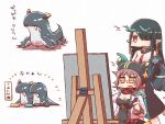  2girls arknights bitey_(arknights) black_hair breasts commentary_request deepcolor_(arknights) dragon_girl drawing_board dress dusk_(arknights) glasses hat horns monster multiple_girls pointy_ears red_eyes translation_request white_dress yodo_rado 