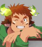  1boy animal_ears brown_eyes brown_hair cow_boy cow_ears cow_horns crossed_arms dark-skinned_male dark_skin eye_black facial_hair fiery_horns forked_eyebrows glowing_horns goatee green_hoodie grin highres hood hoodie horns one_eye_closed shirotoki_(qdng0atngbaqmce) short_hair smile solo spiky_hair teeth thick_eyebrows tokyo_afterschool_summoners wakan_tanka 