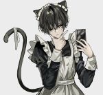  1boy absurdres animal_ears apron black_dress black_eyes brown_hair cat_boy cat_ears cat_tail cellphone commentary dress earrings eeleng frilled_apron frills grey_background highres holding holding_phone jewelry juliet_sleeves long_sleeves maid maid_apron maid_headdress male_focus original phone puffy_sleeves ribbon selfie short_hair simple_background smartphone solo symbol-only_commentary tail tail_ornament tail_ribbon taking_picture thinking upper_body white_ribbon 