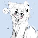  1girl :3 anakoluth animal_ears blue_eyes blush closed_mouth dog_ears dog_girl dog_tail english_text eyebrows_visible_through_hair furry furry_female glasses highres looking_at_viewer original partially_colored round_eyewear short_hair sketch smile smug solo speech_bubble tail upper_body 