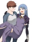  1boy 1girl black_gloves blue_eyes blue_hair blue_pants braid carrying dress emiya_shirou fate/stay_night fate_(series) gloves highres long_hair long_sleeves medea_(fate) open_mouth orange_hair pants pointy_ears princess_carry purple_dress raglan_sleeves rasupekuto shirt side_braid white_shirt yellow_eyes 