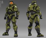  1boy 2016 clenched_hand clenched_hands english_commentary halo:_combat_evolved halo_(series) halo_5:_guardians highres looking_up male_focus master_chief multiple_views power_armor redesign science_fiction spartan_(halo) standing tekka-croe visor web_address 
