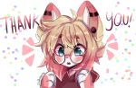  1girl anakoluth animal_ears blonde_hair blue_eyes dog_ears dog_girl eyebrows_visible_through_hair furry furry_female glasses highres looking_away looking_down milestone_celebration original parted_lips round_eyewear short_hair solo teeth upper_body upper_teeth 