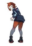  1girl arezu_(pokemon) blue_legwear cowlick diamond_clan_outfit from_behind full_body gradient gradient_legwear head_tilt highres kisama_(0213) looking_at_viewer multicolored_clothes multicolored_legwear pantyhose pokemon pokemon_(game) pokemon_legends:_arceus red_eyes red_legwear redhead short_hair shorts simple_background smile solo standing white_background 