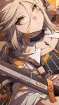  1girl absurdres arknights black_choker black_shirt bright_pupils brown_hair choker closed_mouth collarbone hair_between_eyes highres holding holding_weapon if_f ifrit_(arknights) jacket long_hair long_sleeves looking_at_viewer low_twintails open_clothes open_jacket oripathy_lesion_(arknights) shirt solo striped striped_shirt twintails upper_body vertical-striped_shirt vertical_stripes weapon white_jacket yellow_eyes 