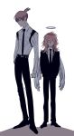  2boys angel_devil_(chainsaw_man) angel_wings black_necktie chainsaw_man collared_shirt feathered_wings formal hair_between_eyes halo hayakawa_aki highres long_hair looking_at_another looking_to_the_side multiple_boys naotin3333 necktie shirt short_hair standing strap suit topknot white_background white_wings wings 