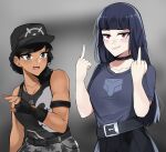  2girls armband belt black_hair charlotte_(fortnite) dog_tags ehebai fortnite gloves grey_eyes hat highres long_hair middle_finger multiple_girls red_eyes survival_specialist_(fortnite) tagme 