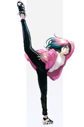  1girl black_hair blue_pupils highres hood hooded_jacket jacket kicking light_blue_eyes long_hair looking_at_viewer open_clothes open_hands open_jacket original pants parted_lips pink_jacket saitou_shunsuke shoes sneakers solo standing standing_on_one_leg sweatpants white_footwear 