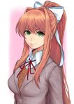  1girl bow breasts closed_mouth collared_shirt commentary doki_doki_literature_club eyebrows_behind_hair green_eyes hair_over_shoulder hair_ribbon high_ponytail long_hair looking_at_viewer monika_(doki_doki_literature_club) natrium_picture orange_hair red_ribbon ribbon school_uniform shaded_face shirt sidelocks simple_background smile solo two-tone_background upper_body white_bow white_ribbon white_shirt 