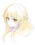  1girl blonde_hair braid bright_pupils choker earrings eyebrows_visible_through_hair eyes_visible_through_hair face frilled_choker frills jewelry long_hair looking_at_viewer minoa_(lastswallow) original red_eyes simple_background solo upper_body white_background white_choker white_pupils 