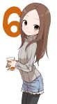  1girl bangs black_legwear blue_shorts brown_eyes brown_hair closed_mouth commentary_request cup cutoffs drink drinking_glass forehead grey_sweater highres holding holding_cup karakai_jouzu_no_takagi-san long_hair looking_at_viewer pantyhose parted_bangs ribbed_sweater short_shorts shorts simple_background smile solo sweater takagi-san turtleneck turtleneck_sweater white_background yamamoto_souichirou 