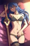  1girl akairiot armpits black_bra black_legwear black_panties blue_eyes blue_hair blush bra breasts collarbone falchion_(fire_emblem) fire_emblem fire_emblem_awakening highres long_hair looking_at_viewer lucina_(fire_emblem) lying navel on_back panties parted_lips revision sheath sheathed small_breasts solo sword thigh-highs underwear underwear_only weapon 