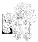  2boys alternate_universe artist_name aura belt blood blood_on_face bruise clenched_hands commentary_request dougi dragon_ball dragon_ball_z electricity fenyon floating glowing greyscale halo highres injury long_hair majin_vegeta male_focus monochrome multiple_boys muscular muscular_male no_eyebrows pants serious shirt simple_background son_goku spiky_hair super_saiyan super_saiyan_2 super_saiyan_3 surprised sweat torn_clothes vegeta veins wide-eyed wristband 