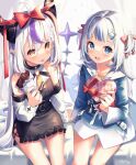  2girls :d :p ahoge ascot bangs black_dress blue_dress blue_eyes blue_hair blue_nails blush bow box bra brown_eyes chocolate demon_horns dress fish_tail food gawr_gura hair_bow hair_ornament hair_ribbon hand_on_another&#039;s_hand heart heart-shaped_box heart_hair_ornament highres holding holding_box holding_chocolate holding_food holding_heart hololive hololive_english horns kuri_(animejpholic) la+_darknesss long_hair long_sleeves looking_at_viewer multicolored_hair multiple_girls nail_polish purple_hair red_bow red_ribbon ribbon shark_tail sharp_teeth silver_hair simple_background smile streaked_hair tail teeth tongue tongue_out two_side_up underwear very_long_hair virtual_youtuber yellow_ascot 