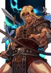  1boy armor belt belt_buckle blonde_hair buckle castlevania closed_mouth fingernails foreshortening hankuri headband holding holy_water long_hair male_focus manly muscular pillarboxed shoulder_armor simon_belmont simple_background solo super_smash_bros. weapon 