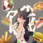 1girl absurdres ahoge animal_ears arm_under_breasts bangs bell bikini black_hair black_nails bowl breasts burger cat_ears cat_girl coupon dm_(dai_miao) earrings finger_to_mouth food food_request fried_chicken frilled_bikini frills from_side hair_bell hair_ornament hand_up highres jewelry jingle_bell large_breasts long_hair looking_at_viewer original red_eyes skewer smile solo standing sushi swimsuit tail upper_body white_bikini 