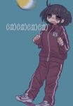  1girl @_@ absurdres black_hair blue_background eyebrows_visible_through_hair highres jacket long_sleeves looking_away open_mouth original pants red_jacket red_pants red_track_suit resupuburika shoes short_hair simple_background sneakers solo track_suit violet_eyes white_footwear 