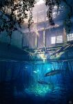  animal aquarium commentary_request day fish highres indoors mocha_(cotton) no_humans original overgrown partially_underwater_shot ruins scenery sunlight water 