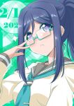  1girl absurdres adjusting_eyewear bangs birthday blue_eyes blue_hair blush breasts bunji commentary dated eyebrows_visible_through_hair glasses green-framed_eyewear green_background high_ponytail highres large_breasts looking_at_viewer love_live! love_live!_sunshine!! matsuura_kanan semi-rimless_eyewear shiny shiny_hair sidelocks signature under-rim_eyewear upper_body 