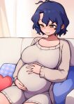  1girl antenna_hair beige_sweater big_belly breasts couch cushion dark_blue_hair hands_on_own_stomach idolmaster idolmaster_million_live! jewelry kwaejina large_breasts looking_down on_couch pregnant ring short_hair sitting smile solo toyokawa_fuuka wavy_hair wedding_ring 