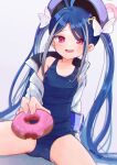  1girl antenna_hair armband bangs blue_archive blue_hair blue_headwear blush bow doughnut feet_out_of_frame food fubuki_(blue_archive) hair_bow hair_ornament heart heart_hair_ornament highres holding holding_food jacket long_hair looking_at_viewer multicolored_hair on_ground open_clothes open_jacket open_mouth parted_bangs pink_eyes school_swimsuit sese_nagi signature silver_hair simple_background smile solo spread_legs streaked_hair swimsuit twintails two-tone_hair white_bow 