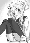  1girl ahoge bendy_straw blue_archive blush drinking drinking_straw drinking_straw_in_mouth eyebrows_visible_through_hair foot_out_of_frame greyscale hair_flaps hair_ornament halo head_tilt highres long_sleeves looking_at_viewer milk_carton miyamae_(miyazen9311) monochrome natsu_(blue_archive) neckerchief on_floor panties pantyshot sailor_collar school_uniform shoes side_ponytail sidelocks simple_background skirt sneakers solo thigh-highs underwear 
