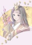  1girl artist_name black_hair brown_headband closed_mouth final_fantasy final_fantasy_xi folding_fan hand_fan headband holding holding_fan hume iroha_(ff11) japanese_clothes kimono layered_clothing layered_kimono light_blue_eyes long_hair long_sleeves piyoco sleeves_past_fingers sleeves_past_wrists smile solo wide_sleeves 