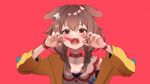  1girl animal_(vocaloid) animal_ears bangs bone_hair_ornament bow braid brown_eyes brown_hair claw_pose collar commentary_request dog_ears dog_girl dog_hair_ornament eyebrows_visible_through_hair facepaint hair_between_eyes hair_bow hair_ornament highres hololive hoso-inu inugami_korone jacket long_hair long_sleeves looking_at_viewer nail_polish open_clothes open_jacket open_mouth red_collar shirt solo takumin_dx twin_braids upper_body virtual_youtuber white_shirt wristband yellow_jacket yellow_nails 