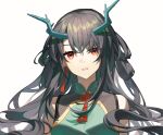 1girl arknights bangs bare_shoulders black_hair breasts covered_collarbone dragon_horns dress dusk_(arknights) dusk_(everything_is_a_miracle)_(arknights) earrings eyebrows_visible_through_hair green_dress hair_rings highres horns idass_(idass16) jewelry long_hair looking_at_viewer medium_breasts official_alternate_costume open_mouth red_eyes simple_background sleeveless sleeveless_dress solo tassel tassel_earrings very_long_hair white_background 