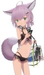  1girl :o ahoge animal_ear_fluff animal_ears arknights bag bangs bikini black_bikini blue_eyes cellphone collarbone commentary_request eyebrows_behind_hair fox_ears fox_girl fox_tail hair_between_eyes hair_ornament hairclip headphones headphones_around_neck highres holding holding_phone izumo_(ton_63) light_blush looking_at_viewer navel oripathy_lesion_(arknights) parted_lips phone purple_hair see-through simple_background solo sussurro_(arknights) sussurro_(summer_flowers)_(arknights) swimsuit tail transparent white_background x_hair_ornament 
