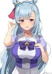  1girl animal_ears blue_hair blue_serafuku blush braid breasts french_braid hair_ornament hand_on_own_chest highres hirota_fruit horse_ears horse_girl large_breasts long_hair looking_at_viewer mejiro_ardan_(umamusume) open_mouth sailor_collar school_uniform skirt smile solo tracen_school_uniform umamusume upper_body violet_eyes white_skirt 