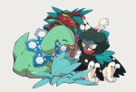  ^_^ alternate_color animal_focus artist_name closed_eyes commentary_request decidueye flower full_body genzou_(me_genzo) grey_background happy jpeg_artifacts lying meganium mouth_hold no_humans on_stomach open_mouth outline pokemon pokemon_(creature) red_flower sceptile shiny_pokemon simple_background sitting sleeping smile starmie twitter_username watermark white_outline yellow_eyes 