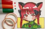  1girl animal_ear_fluff animal_ears black_bow bow bowtie cat_ears dress extra_ears green_dress kaenbyou_rin marker_(medium) paper portrait real_life red_bow red_bowtie red_eyes redhead simple_background solo sousaku_kkn touhou traditional_media tsurime white_background yellow_background 
