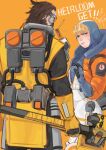  1boy 1girl apex_legends blonde_hair blue_bodysuit blue_eyes blue_gloves blue_headwear blush bodysuit bohe-menthe brown_hair cable caustic_(apex_legends) chinese_commentary death_hammer_(apex_legends) energy_reader_(apex_legends) gloves green_eyes hammer hazmat_suit highres holding holding_hammer hood hooded_jacket jacket lightning_bolt_symbol looking_at_viewer looking_back orange_jacket ribbed_bodysuit scar scar_on_cheek scar_on_face wattson_(apex_legends) white_bodysuit yellow_gloves 