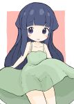 1girl :d absurdres bangs bare_arms bare_shoulders black_hair blush_stickers brown_background collarbone commentary_request dress eyebrows_visible_through_hair furude_rika green_dress highres higurashi_no_naku_koro_ni long_hair looking_at_viewer rururu_(pyrk8855) sleeveless sleeveless_dress smile solo two-tone_background very_long_hair violet_eyes white_background 