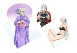  1girl ascot bare_arms bare_legs bare_shoulders black_bra black_panties blush bra cape closed_mouth collarbone edelgard_von_hresvelg fire_emblem fire_emblem:_three_houses floral_print gloves hair_ribbon highres holding holding_umbrella japanese_clothes kimono long_hair long_sleeves looking_away looking_to_the_side military military_uniform miura-n315 multiple_views navel nintendo_switch obi oil-paper_umbrella panties playing_games print_kimono profile purple_kimono purple_ribbon red_cape ribbon sash silver_hair simple_background smile stomach umbrella underwear underwear_only uniform violet_eyes white_ascot white_background white_gloves wide_sleeves 