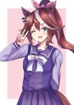  1girl ;d animal_ears bangs blue_eyes bow brown_background brown_hair eyebrows_visible_through_hair hair_between_eyes hair_ribbon hand_up high_ponytail highres horse_ears horse_girl horse_tail long_hair long_sleeves looking_at_viewer multicolored_hair one_eye_closed pink_ribbon pleated_skirt ponytail purple_shirt purple_skirt ribbon school_uniform setu_(shining12) shirt skirt smile solo streaked_hair tail tokai_teio_(umamusume) tracen_school_uniform two-tone_background umamusume v white_background white_bow white_hair 