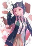  1girl absurdres animal_ears bangs black_shirt danganronpa_(series) danganronpa_2:_goodbye_despair dress_shirt ear_bow fake_animal_ears flipped_hair hair_ornament hand_up highres hood jacket medium_hair monomi_(danganronpa) nanami_chiaki pink_eyes pleated_skirt ribbon shirt skirt uminekohigurasinonakukoroni white_shirt 