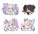  2girls ;3 ame-chan_(needy_girl_overdose) angry artist_request bangs black_hair blonde_hair blowing_kiss blue_eyes blue_hair blunt_bangs chouzetsusaikawa_tenshi-chan collared_shirt emoji emoticon eyebrows_visible_through_hair hair_ornament hair_over_one_eye hair_ribbon heart holographic_clothing long_hair long_sleeves multiple_girls needy_girl_overdose one_eye_closed phone pink_hair purple_hair quad_tails red_shirt ribbon sailor_collar school_uniform shirt short_sleeves simple_background smile star_(symbol) twintails x_hair_ornament 