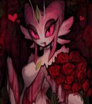  1girl absurdres antennae arthropod_girl black_eyes blood bouquet closed_mouth colored_sclera colored_skin flower heart highres holding holding_bouquet looking_at_viewer mantis_girl matilda_fiship monster_girl original pink_sclera pink_skin red_flower red_rose rose smile solo 