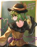  1girl 2020 absurdres arm_up artist_name back bangs black_headwear blouse blush border bow breasts closed_mouth english_commentary eyebrows_visible_through_hair frills from_behind green_background green_eyes green_hair green_skirt hair_between_eyes hand_up hat hat_bow heart highres komeiji_koishi long_sleeves looking_at_viewer looking_back short_hair simple_background skirt small_breasts smile solo standing third_eye top-exerou touhou white_border wide_sleeves yellow_blouse yellow_bow 
