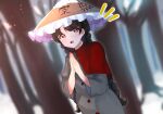  1girl ajirogasa bare_tree black_hair blurry blurry_background braid buttons capelet commentary_request dress dutch_angle frilled_hat frills grey_dress hat highres long_hair long_sleeves looking_at_viewer majime_joe notice_lines open_mouth outdoors own_hands_together palms_together red_capelet red_eyes snow solo touhou tree twin_braids upper_body yatadera_narumi 